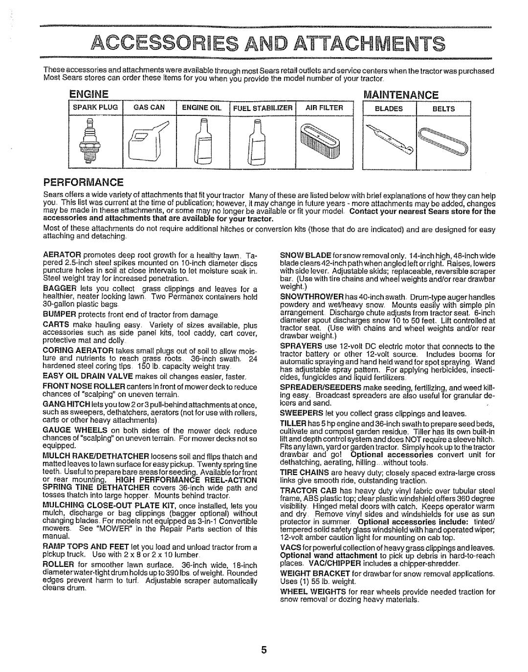 Craftsman 917.252560 manual Accessories and Attachments, ENGnNEE, Maintenance, Performance 