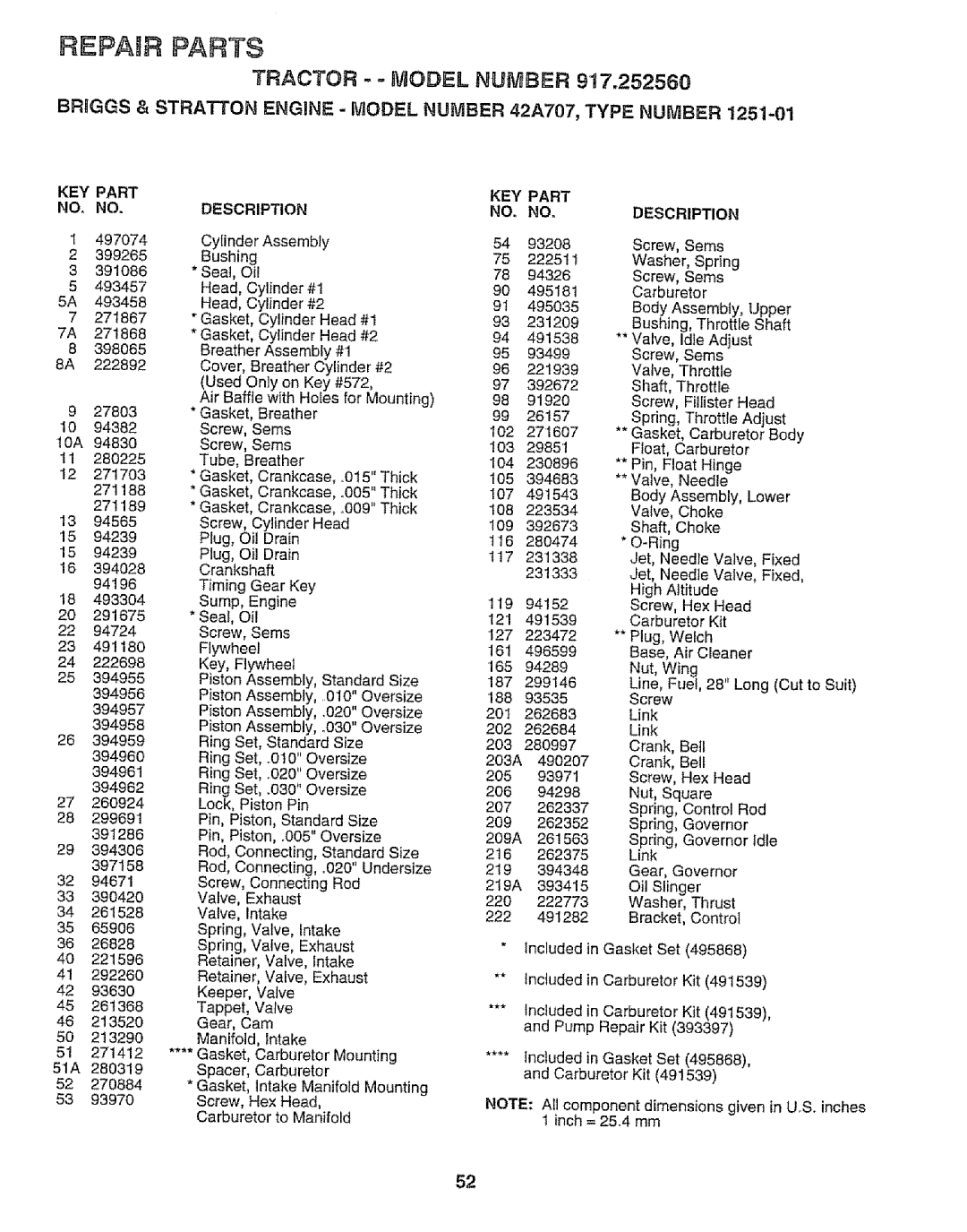 Craftsman 917.252560 manual Briggs & STRATlrON Engine Model Number 42A707, Type Number, Key, Part Description, Intake 