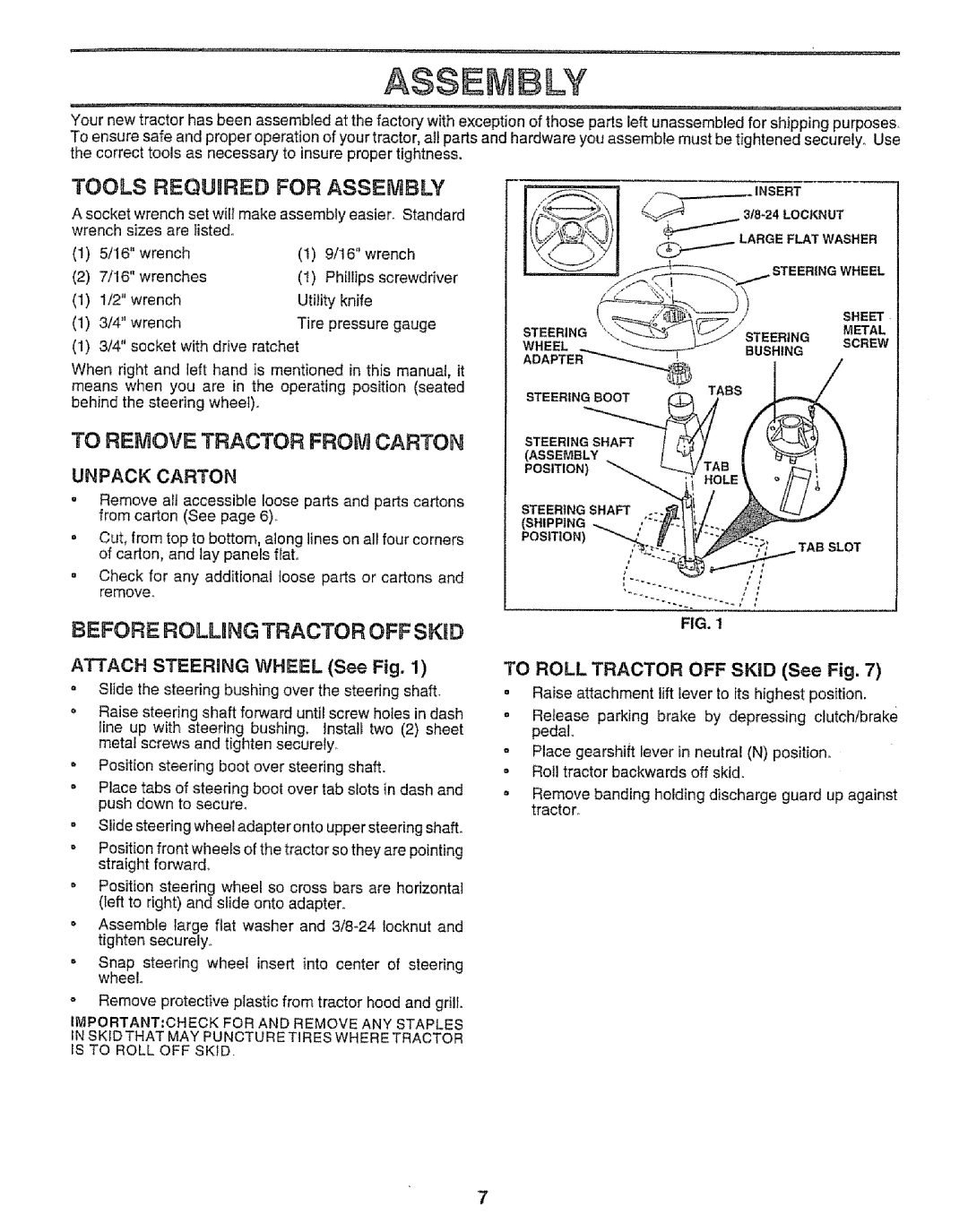 Craftsman 917.252560 manual Tools Required for Assembly, To Remove Tractor from Carton, Before Rolung Tractor OFF Skid 