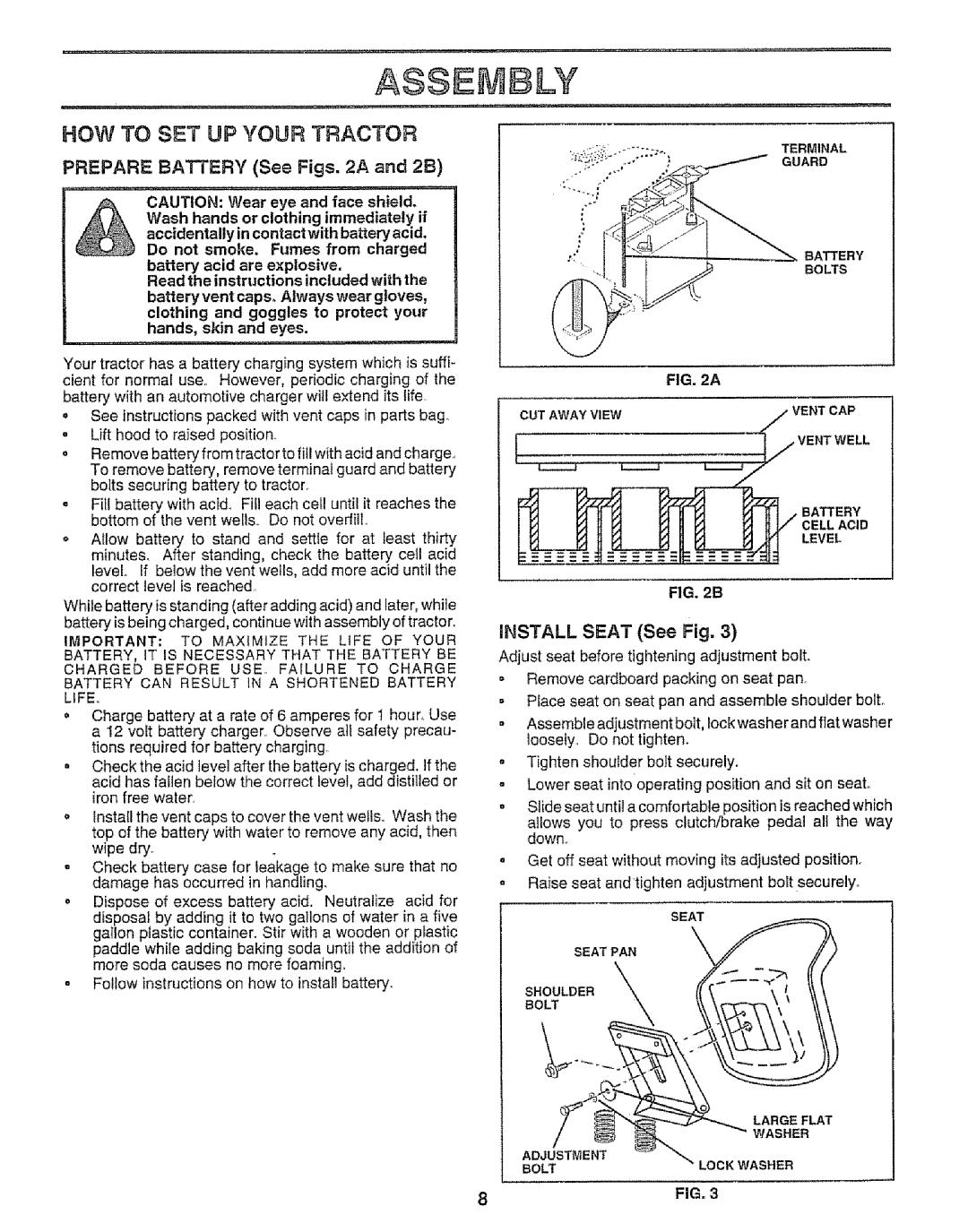 Craftsman 917.252560 manual Assembly, HOW to SET UP Your Tractor, Prepare Battery See Figs, 2A and 2B, Install Seat See Fig 