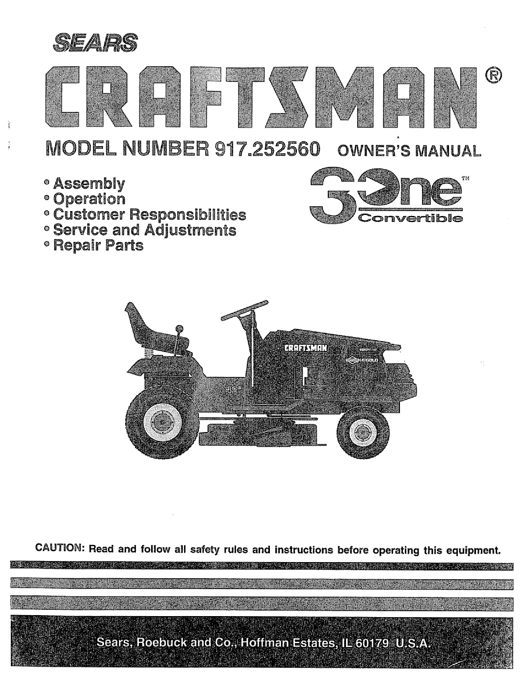 Craftsman 917.252560 manual Model, oAssembly o Operation, o Customer ResponsibilitBes, 917=252560 OWNERS MANUAL 