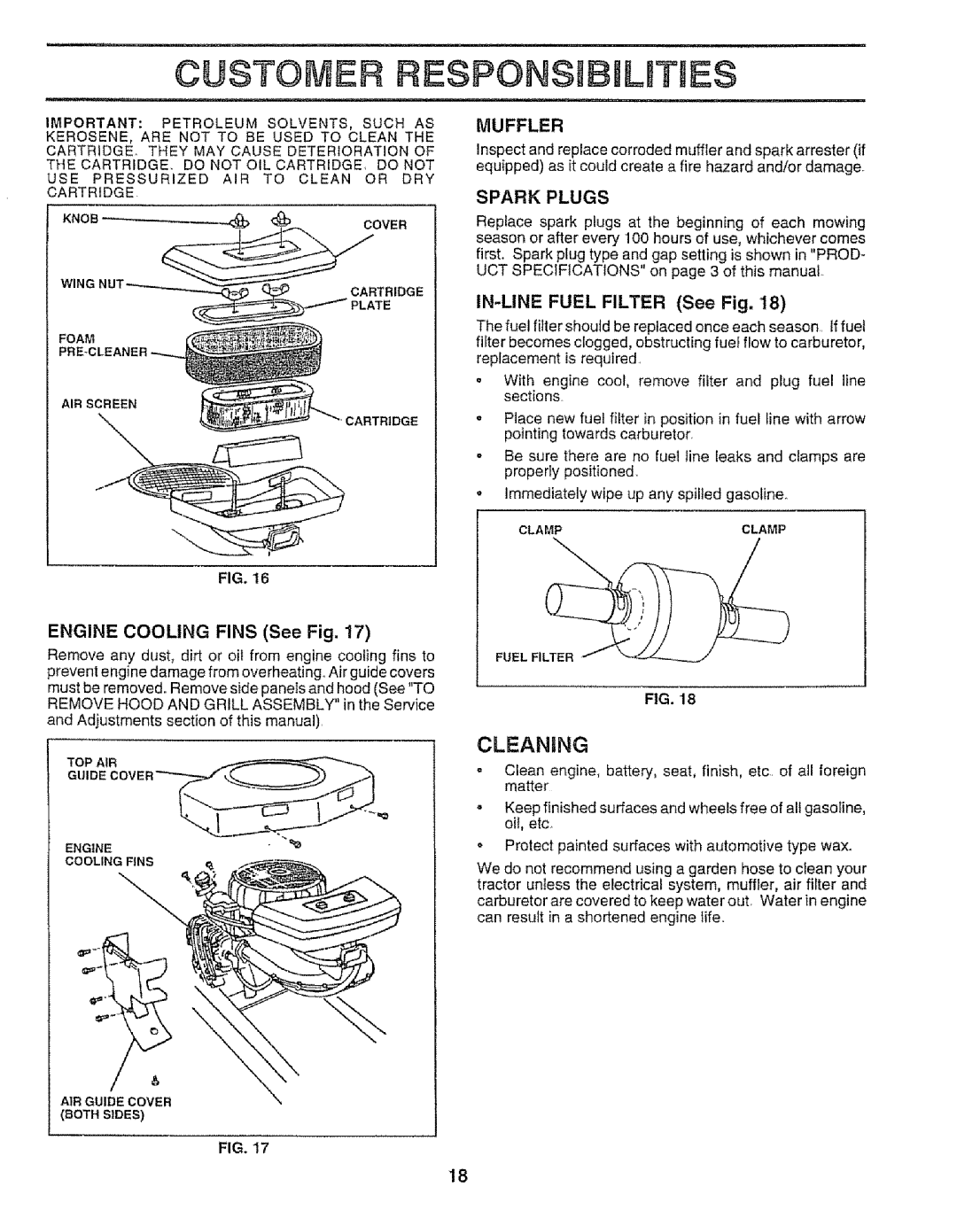 Craftsman 917.252560 manual CLEANmNG, ENGINE COOLING FINS See Fig, IN-LINE FUEL FILTER See Fig, Fuelf 