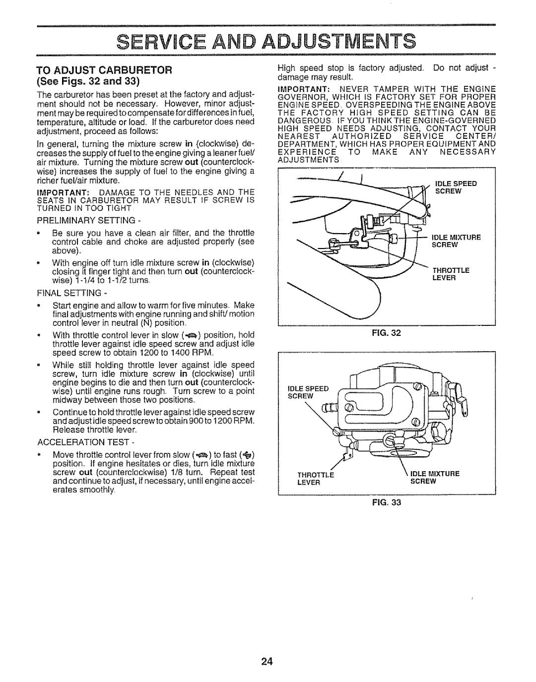 Craftsman 917.252560 manual Service And Adjustments, TO ADJUST CARBURETOR See Figs. 32 and 