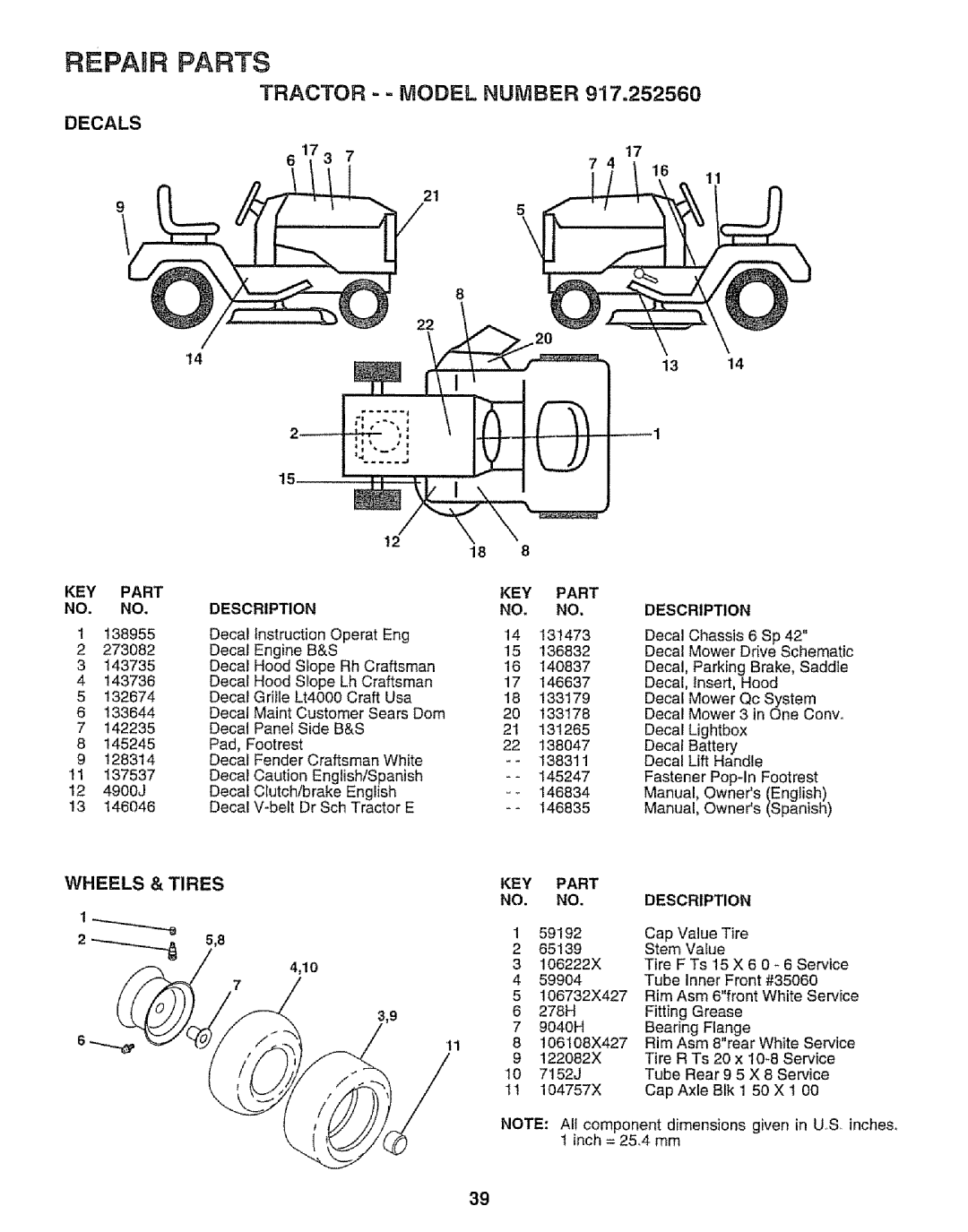 Craftsman 917.252560 manual Tractor - = Model Number, Repair Parts, Description, Stem Value, F Ts 