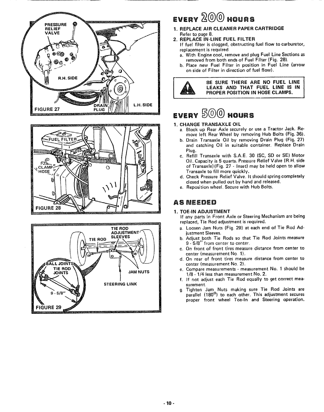 Craftsman 917.253724 owner manual Replace AIR Cleaner Paper Cartridge, Change Transaxle OIL, Toejn Adjustment 