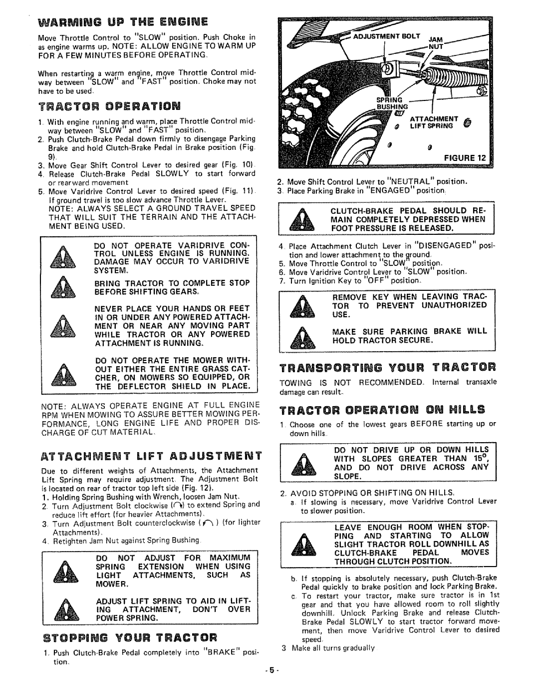 Craftsman 917.253724 owner manual Attachment Lift Adjustment, Tractor Operation on Hills 