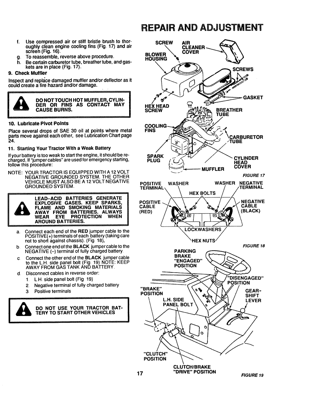 Craftsman 917.254611 LEAD-ACID BATrERIESGENERATE, Parking Brake Engaged Posion, Disengaged Position Gear Shift Lever 