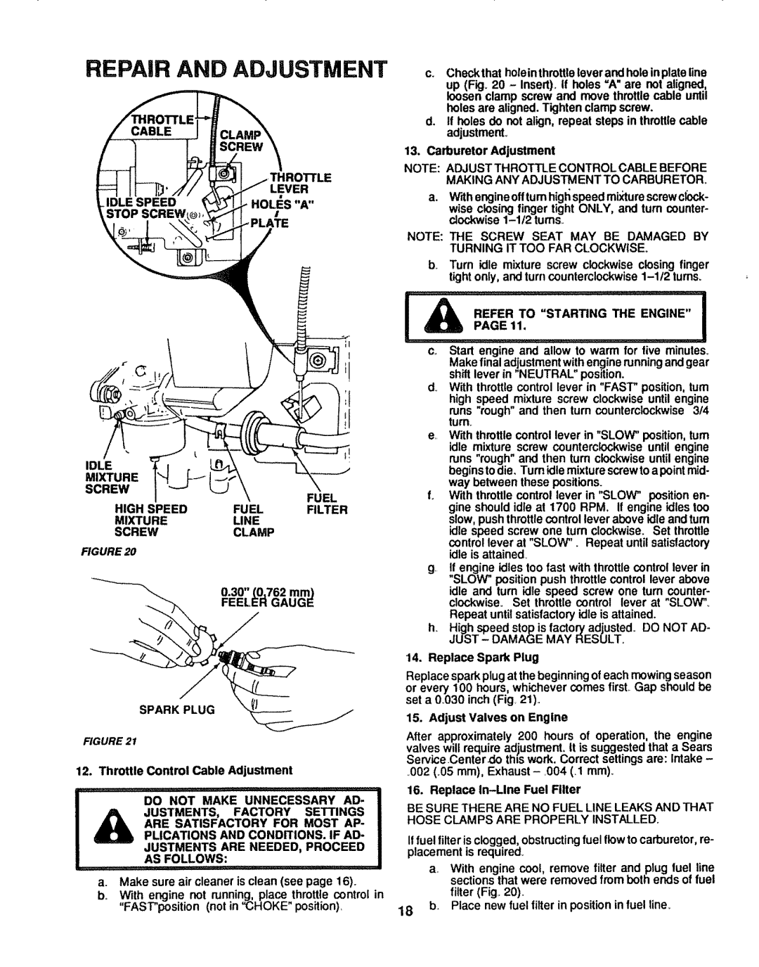 Craftsman 917.254611 owner manual Making ANY Adjustm ENT to Carburetor, Feeler Gauge, Refer to Starting the Engine 