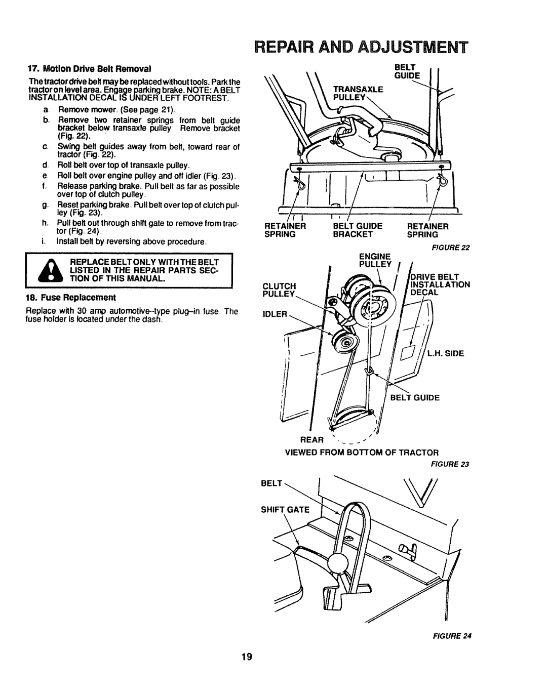 Craftsman 917.254611 owner manual Listed in the Repair Parts SEC, Tion of this Manual, Belt J 