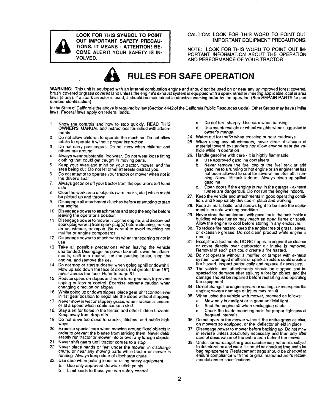 Craftsman 917.254611 Important Equipment Precautions, Portant Information about the Operation, Performance of Your Tractor 