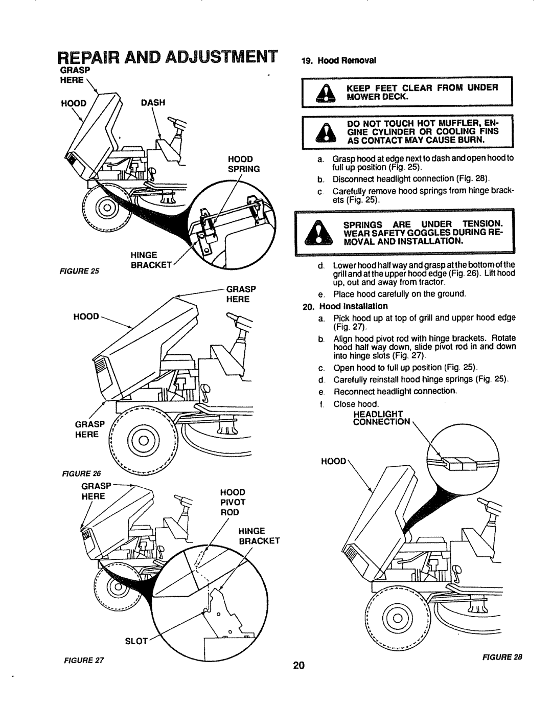 Craftsman 917.254611 owner manual Grasp Here Hooddash, Hinge BRACKE1, Keep Feet Clear from UND, Hinge Bracket 