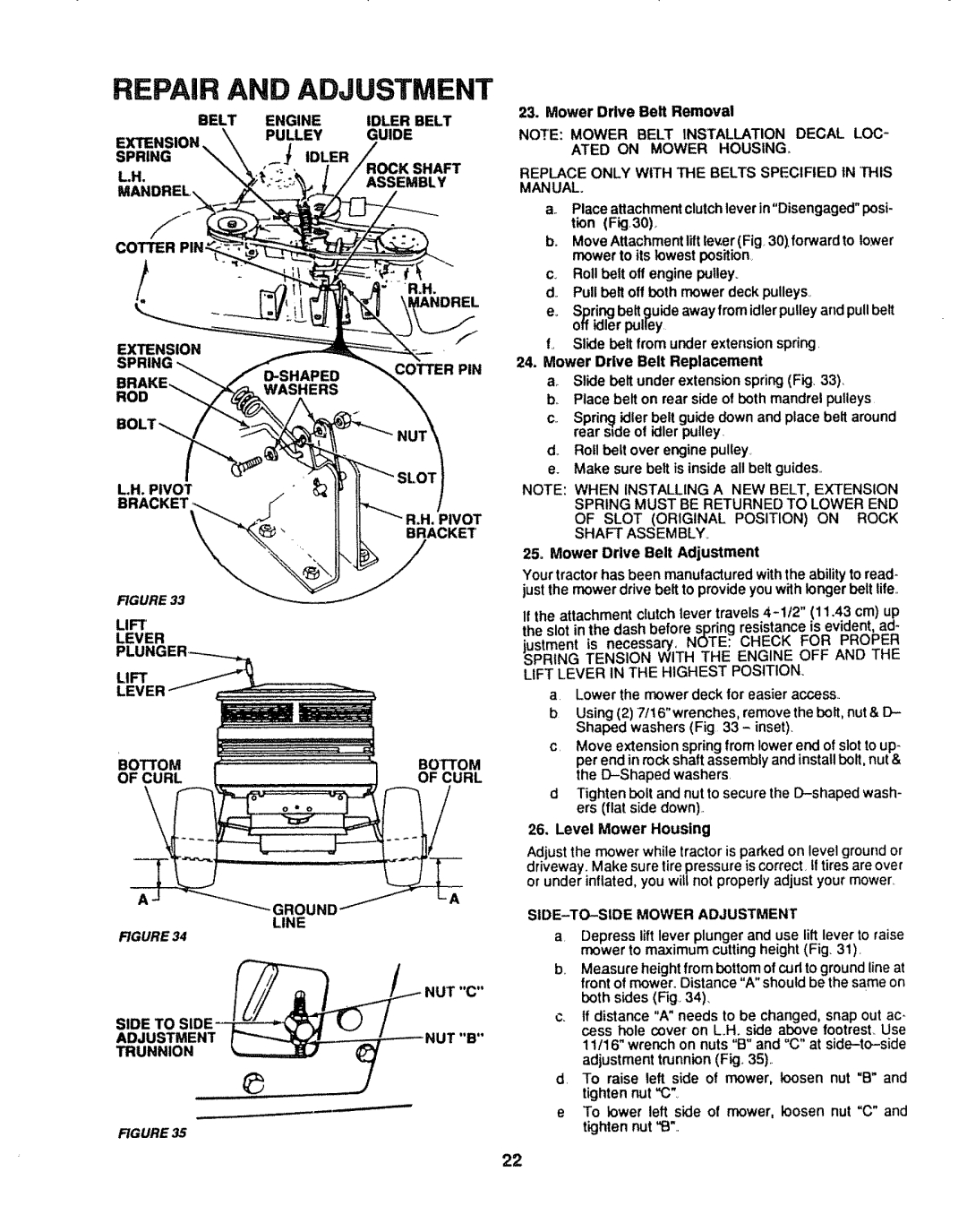 Craftsman 917.254611 owner manual Manual Cotter, LH. Pivot, Bottom Curl, Adjustment, Lift Lever in the Highest Position 