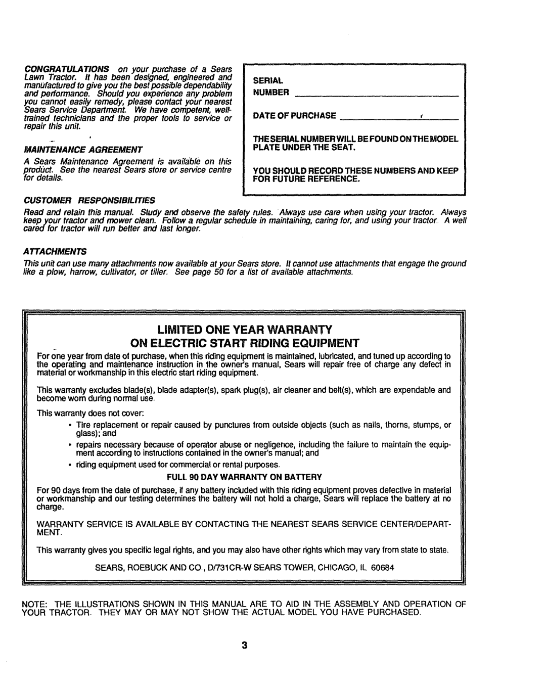 Craftsman 917.254611 owner manual Maintenance Agreement, Full 90 DAY Warranty on Battery 