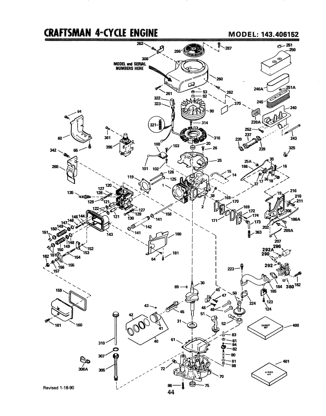 Craftsman 917.254611 owner manual CRAFTSMAN4CYCLEENGINEMODEL143.406152, 308A Revised !+!8-90 