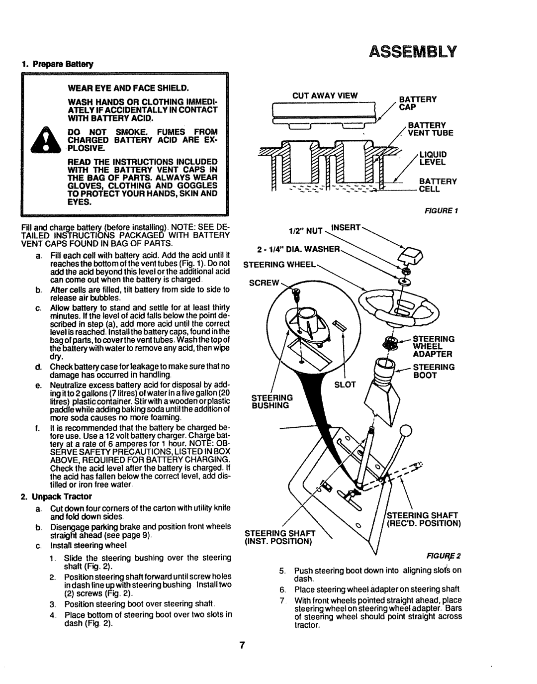 Craftsman 917.254611 owner manual Wear EYE and Face Shield, CUT Away View Battery Vent Tube, Level, Steering Boot 