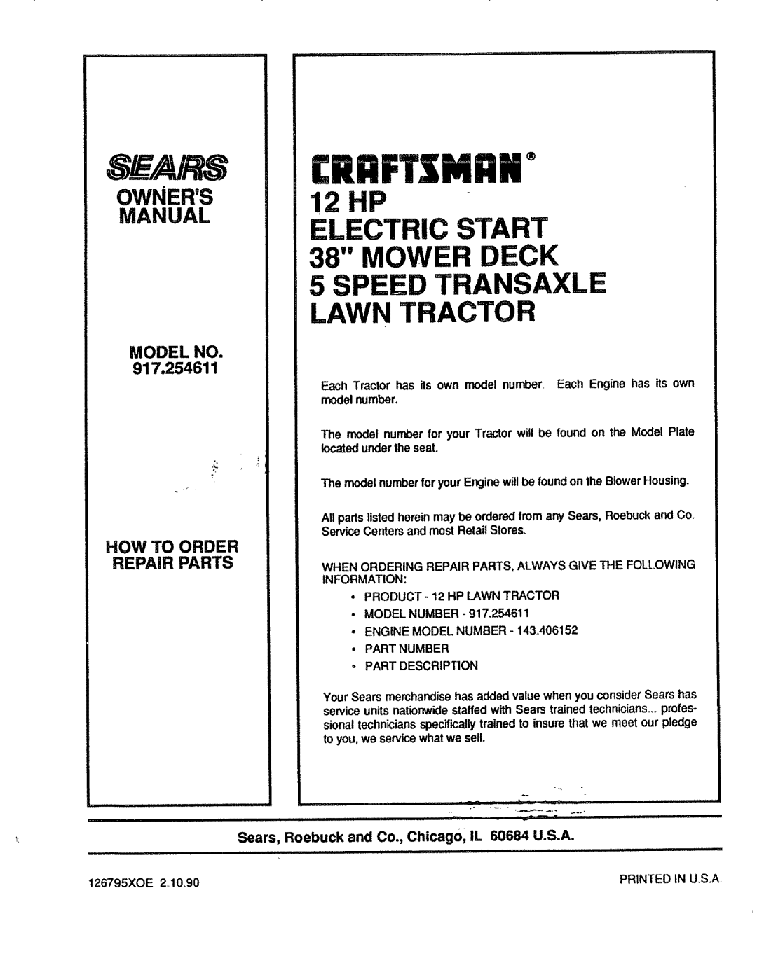 Craftsman 917.254611 £RI:iFTSkiRN, P ELECTRIC START 38 MOWER, Speed Transaxle Lawn Tractor, How To Order Repair Parts 