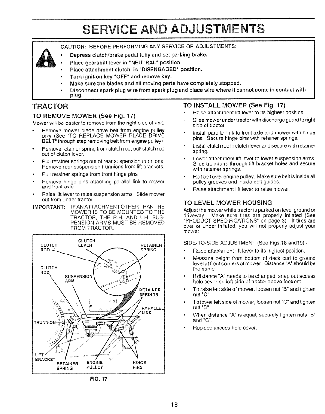 Craftsman 917.25552 manual ERV CE a D Adjustments, Tractor, To Remove Mower See Fig, To Install Mower See Fig 