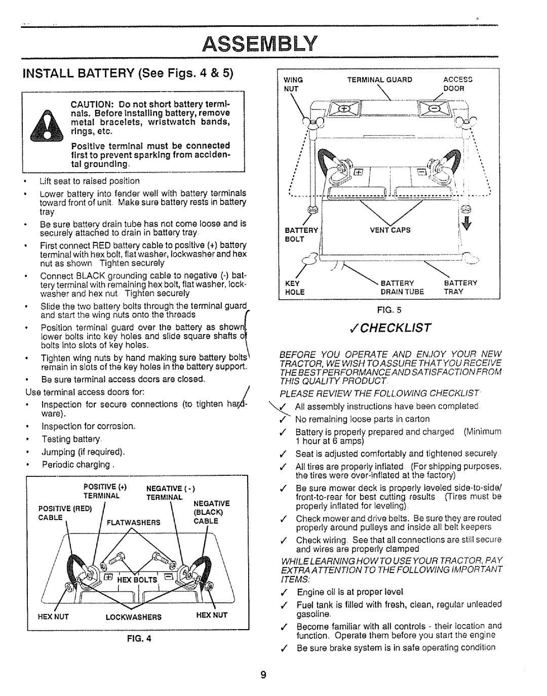 Craftsman 917.25552 manual Assembly, Install Battery See Figs 