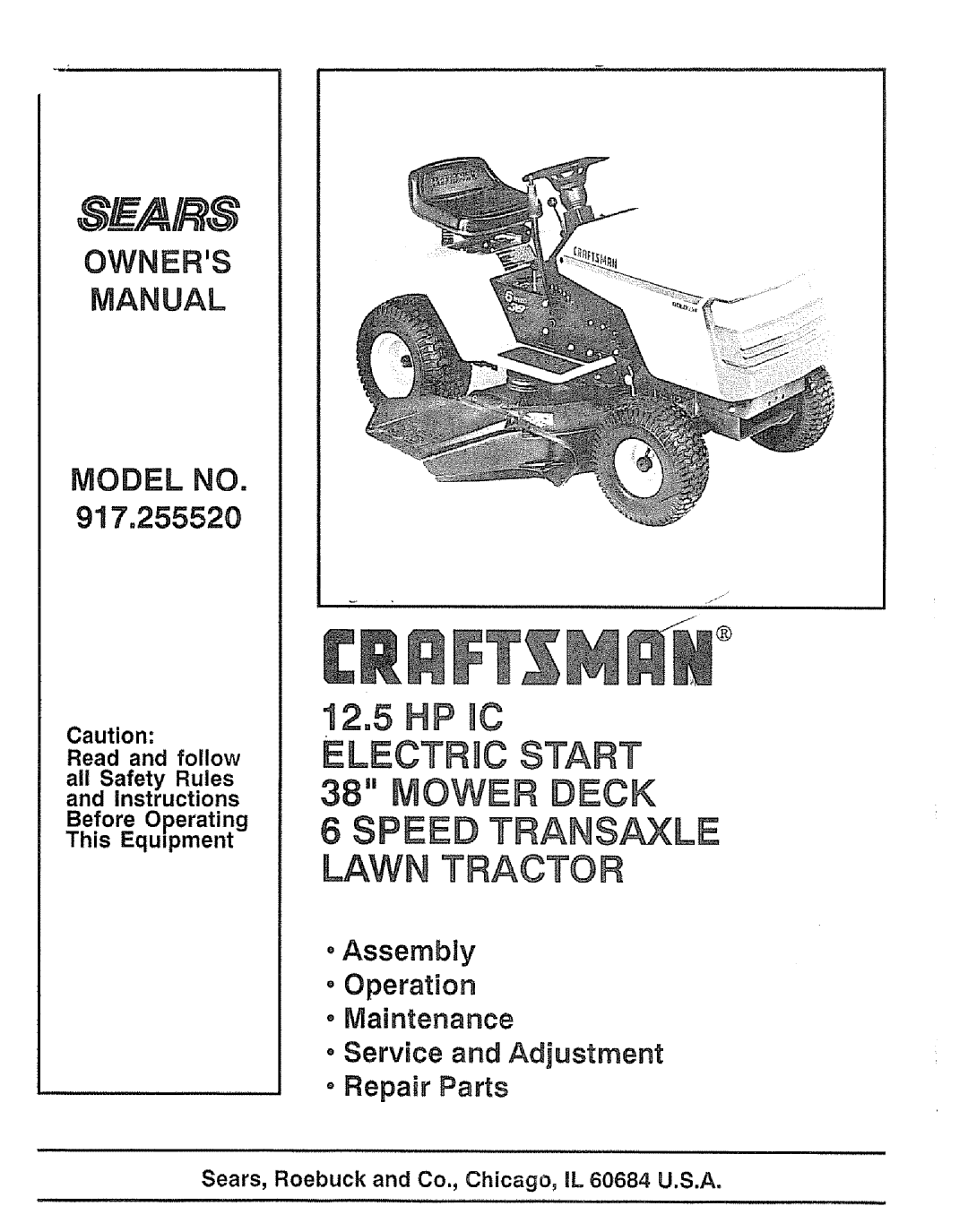Craftsman manual 917.255520, oAssembly o Operation Maintenance, Service and Adjustment Repair Parts, Model No, I,IMll 