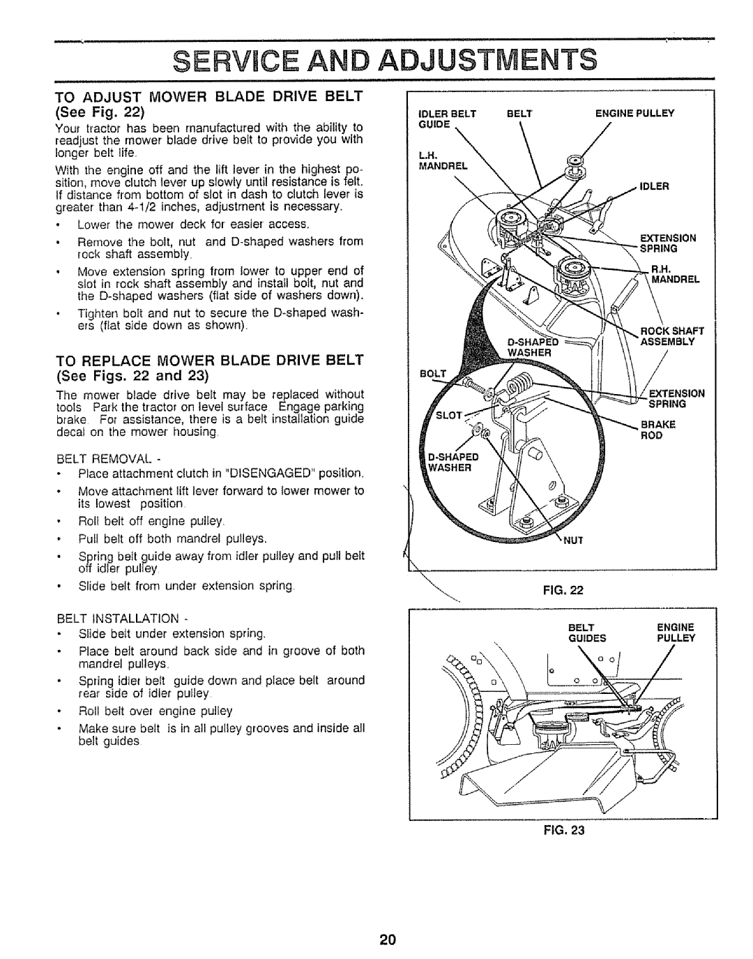 Craftsman 917.25552 manual S1ERVUCEAN ADJUSTMENTS, TO ADJUST MOWER BLADE DRIVE BELT See Fig 