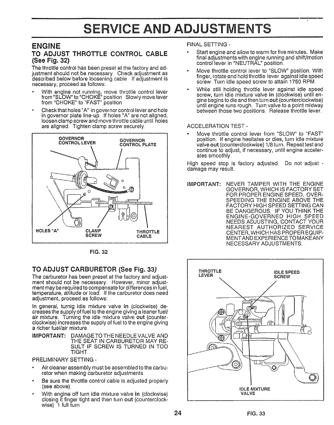 Craftsman 917.25552 manual Service, Engine, To Adjust Throttle Control Cable, TO ADJUST CARBURETOR See Fig, Adjustments 