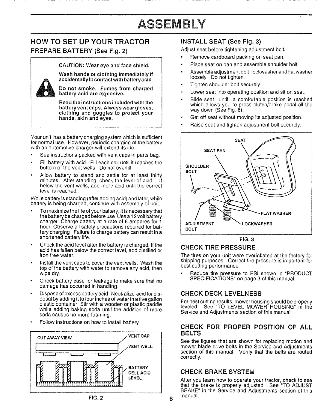 Craftsman 917.25552 As E, How To Set Up Your Tractor, PREPARE BATTERY See Fig, INSTALL SEAT See Fig, Check Tire Pressure 