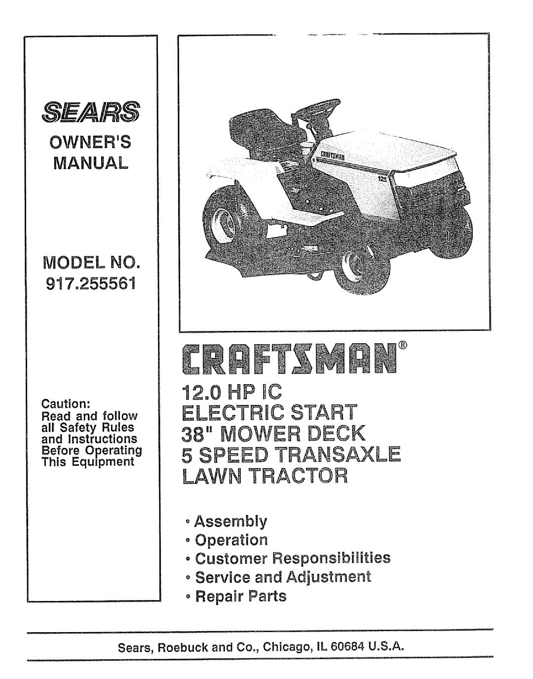 Craftsman 917.255561 owner manual Sea/R $, Spesd Transaxle Lawn Tractor 