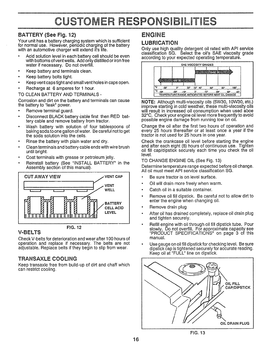 Craftsman 917.255561 owner manual Battery See Fig, Belts, Lubrication 