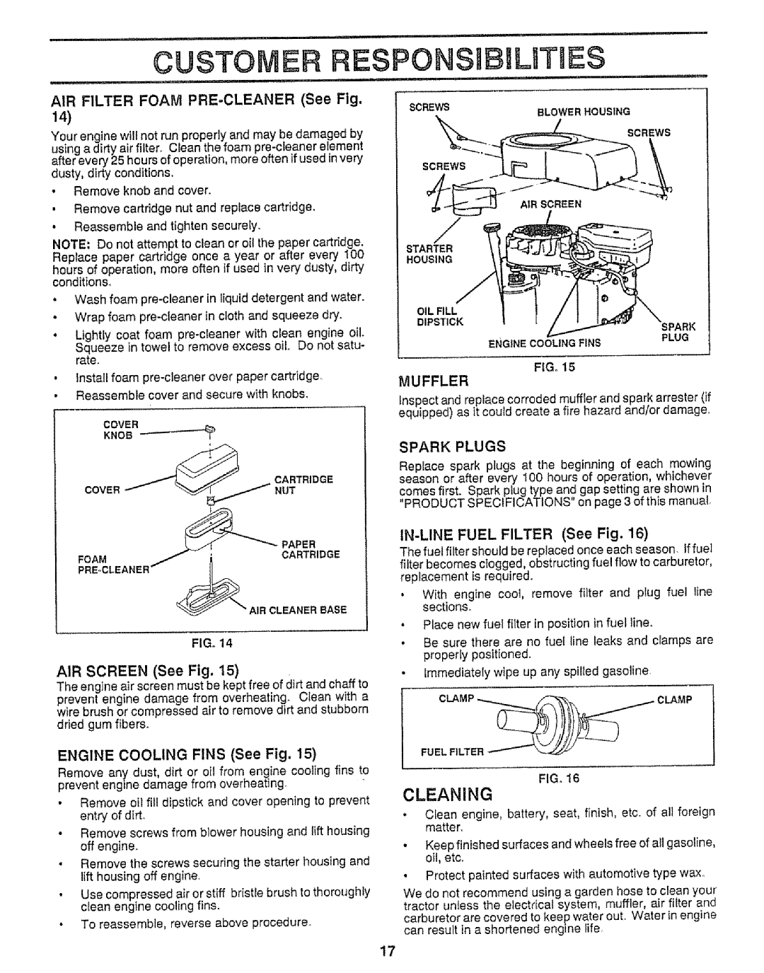 Craftsman 917.255561 owner manual AIR Filter Foam PRE-CLEANER See Fig, Muffler, Spark Plugs, Starter 