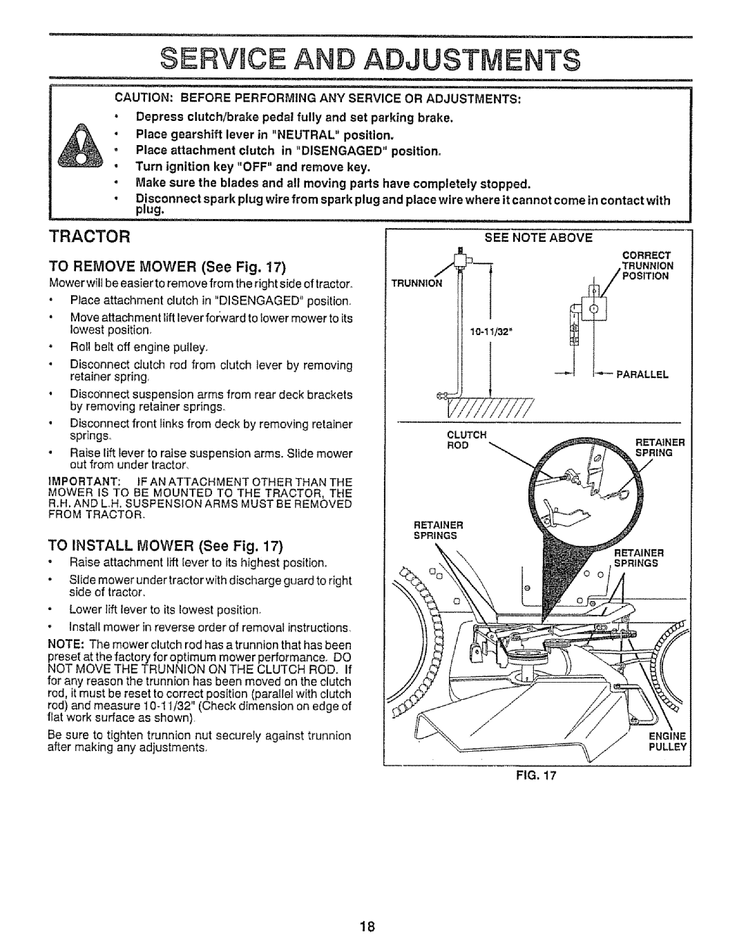 Craftsman 917.255561 Servnce AN Adjustmsnts, Tractor, To Remove Mower See Fig, To Install Mower See Fig, Clutch 