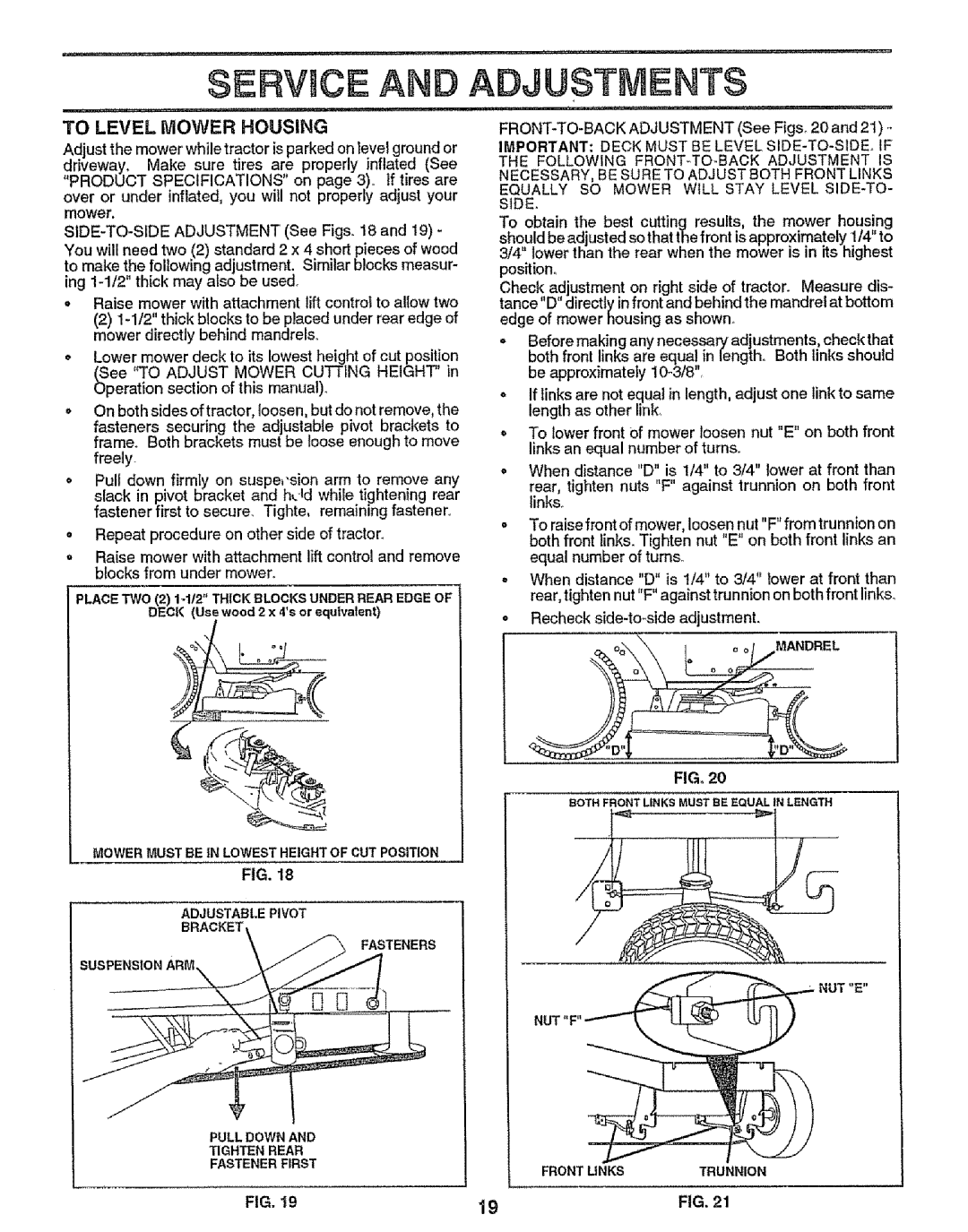 Craftsman 917.255561 owner manual To Level Mower Housing, Deck Use wood2 x 4sor equivalent, Frontunkstrunnion 