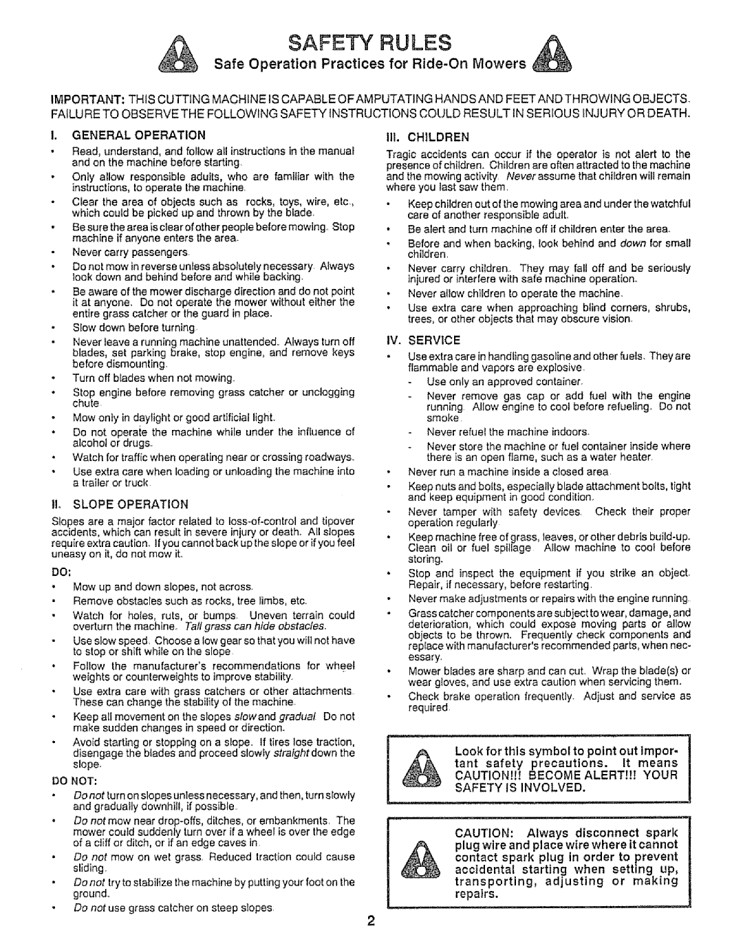 Craftsman 917.255561 owner manual Safe Operation Practices for Ride-On Mowers, Become Alert Your Safety is Involved 