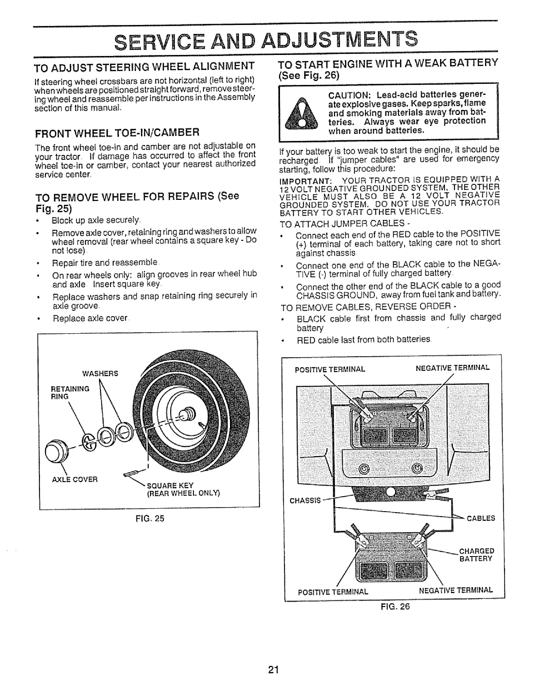 Craftsman 917.255561 To Adjust Steering Wheel Alignment, Front Wheel TOE-IN/CAMBER, To Remove Wheel for Repairs See Fig 