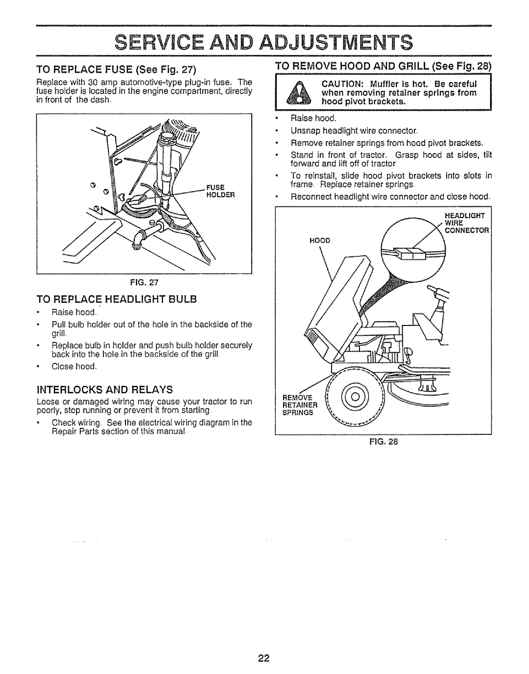 Craftsman 917.255561 Service and Adjustments, To Remove Hood and Grill See Fig, To Replace Headlight Bulb, Careful 