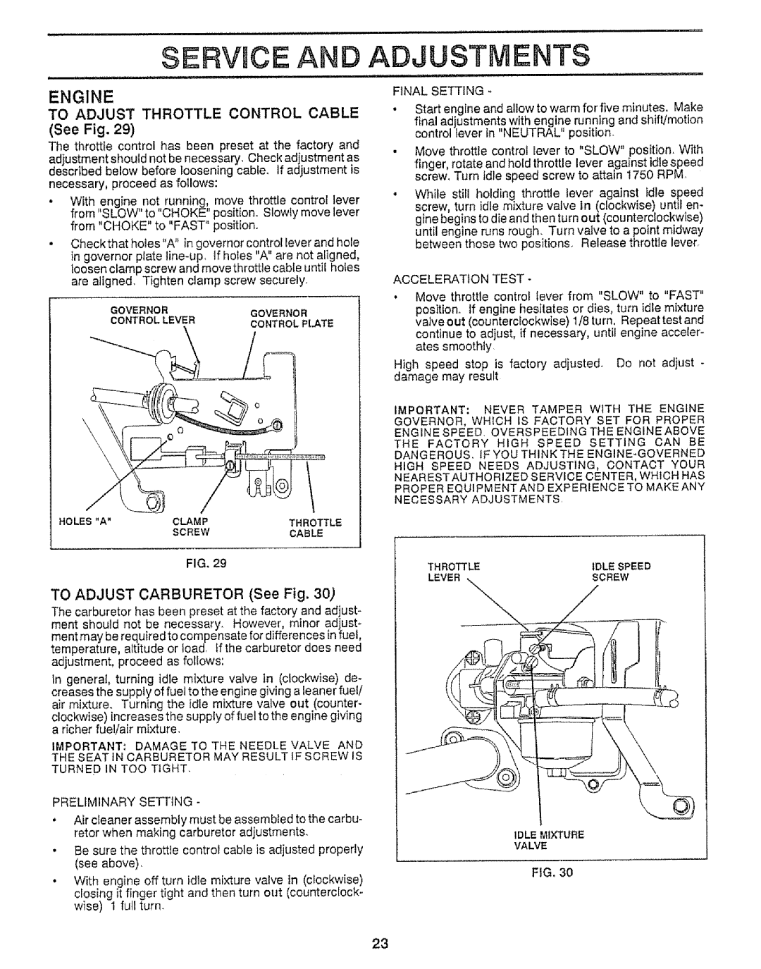 Craftsman 917.255561 owner manual Service AN Adjustments, Engine, To Adjust Throttle Control Cable See Fig 