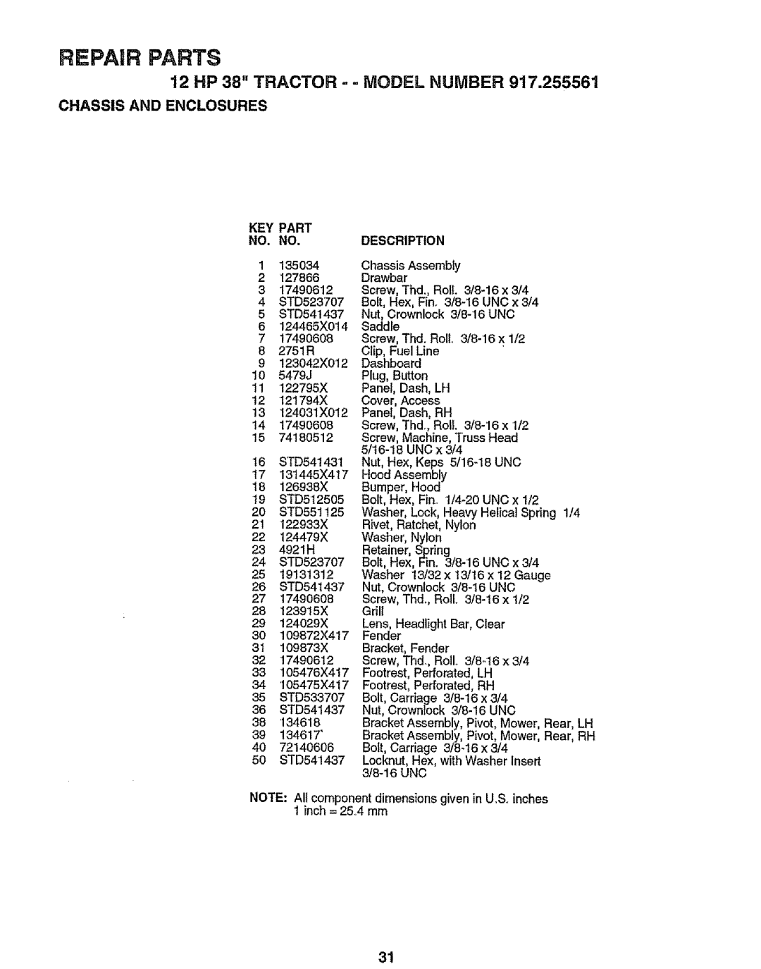 Craftsman 917.255561 owner manual KEY Part Description, 135034, Drawbar, 122795X 