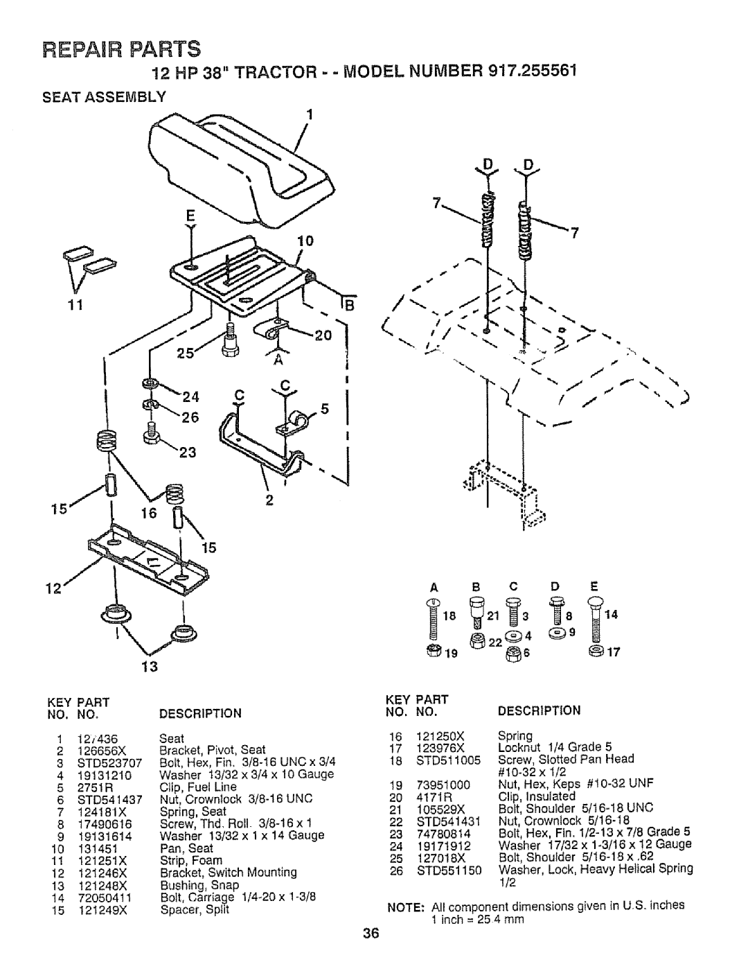 Craftsman 917.255561 owner manual Seat Assembly, KEY Part, C D E, Unf 