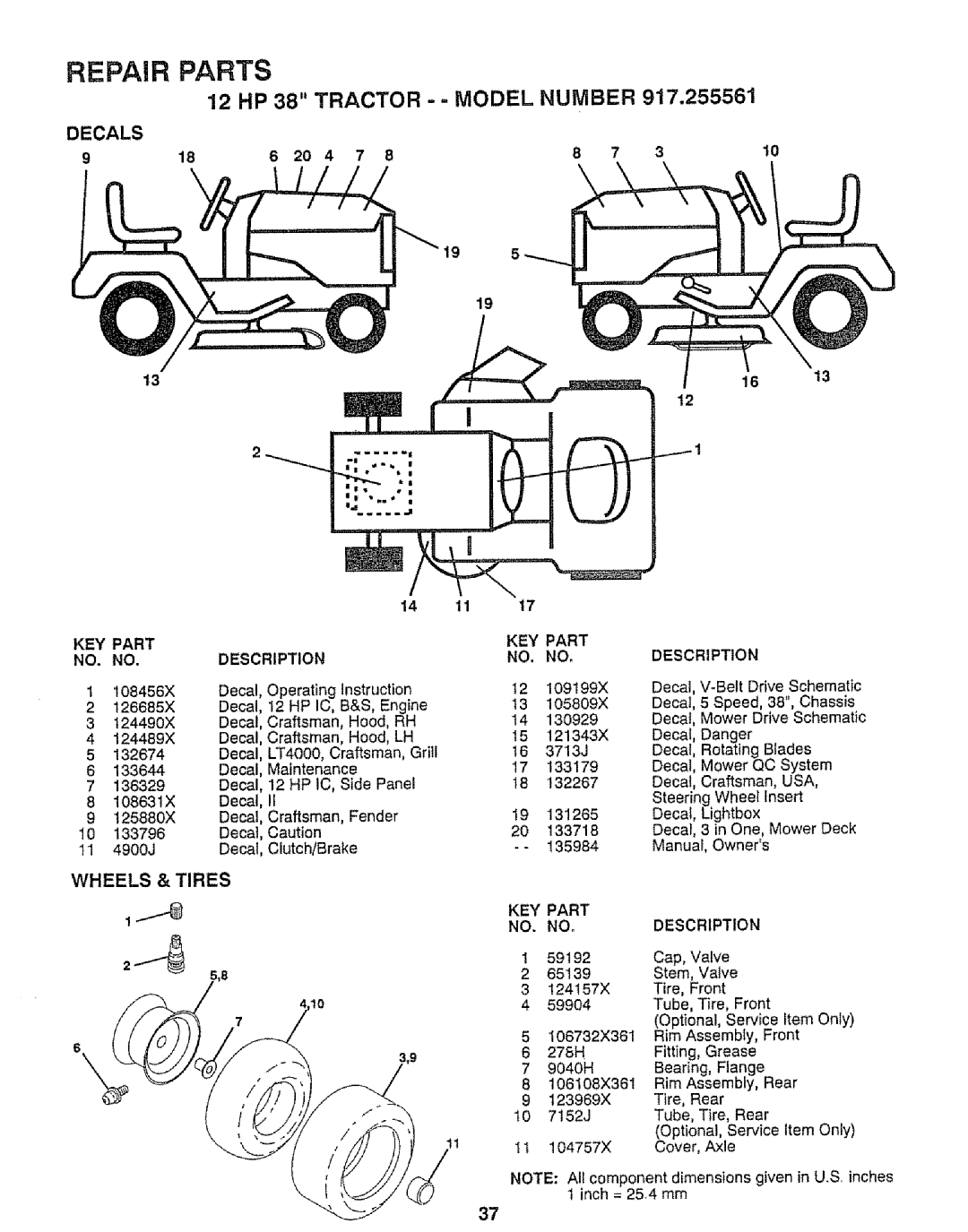 Craftsman 917.255561 owner manual Decals, Wheels & Tires, KEY Part NO. no, 204, Part Description 