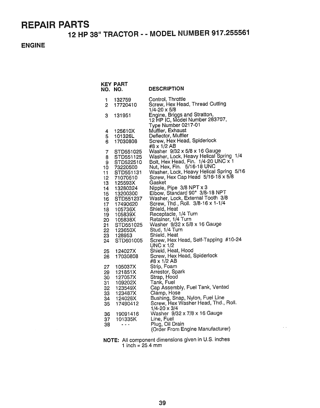 Craftsman 917.255561 owner manual Repair Parts, Engine 