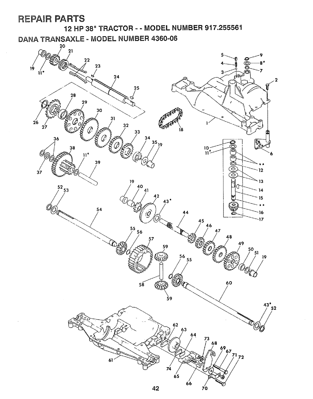 Craftsman 917.255561 owner manual Dana Transaxle .- Model Number, 4270 