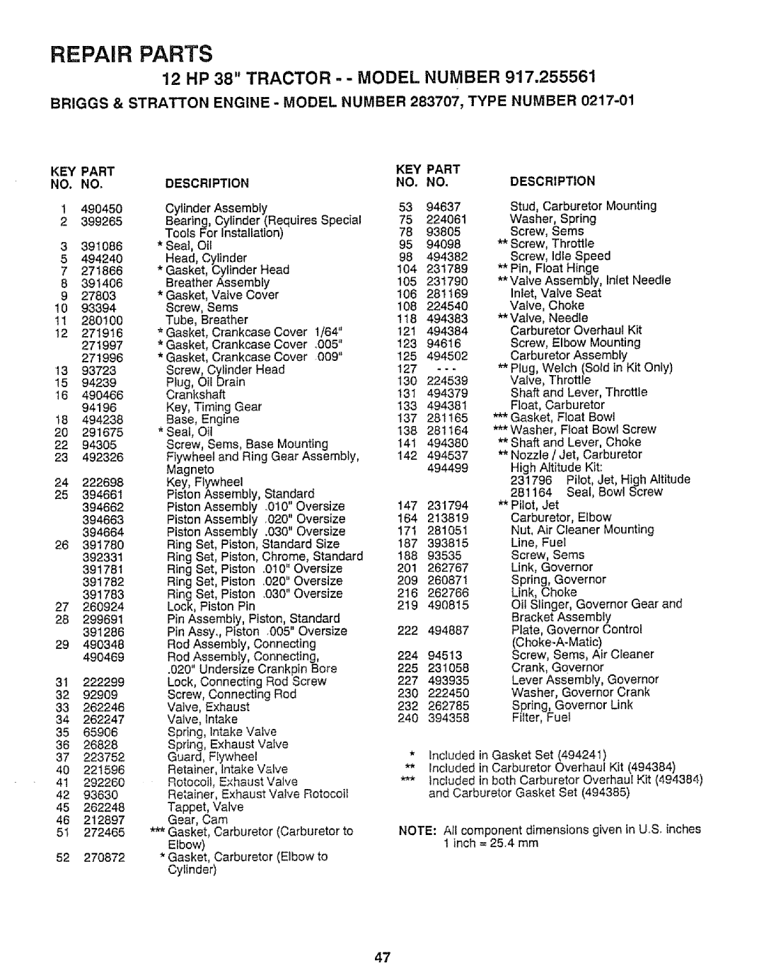 Craftsman 917.255561 Briggs & Stratton Engine Model Number 283707, Type Number, Part KEY Description, Valve, 005, Ring Set 