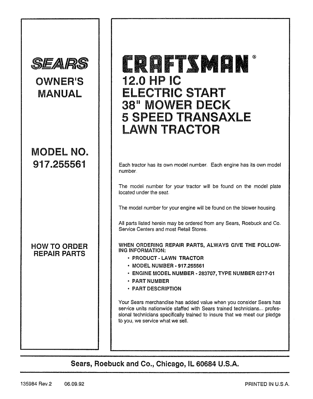 Craftsman 917.255561 owner manual HOW to Order Repair Parts, Model Number 