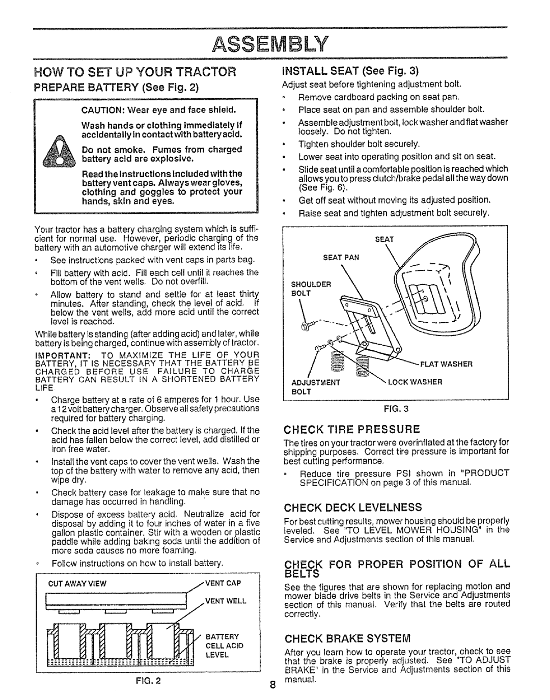 Craftsman 917.255561 HOW to SET UP Your Tractor, Prepare Battery See Fig, Check Tire Pressure, Check Deck Levelness 