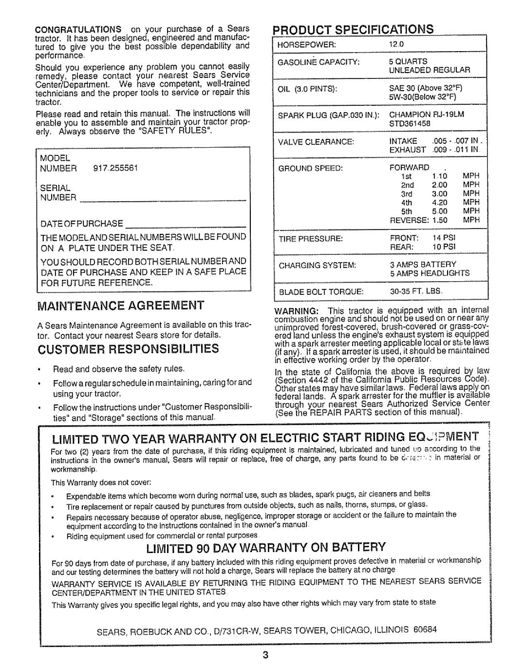 Craftsman 917.255561 owner manual =Roduct Specifications, Maintenance Agreement, Customer Responsibilities 