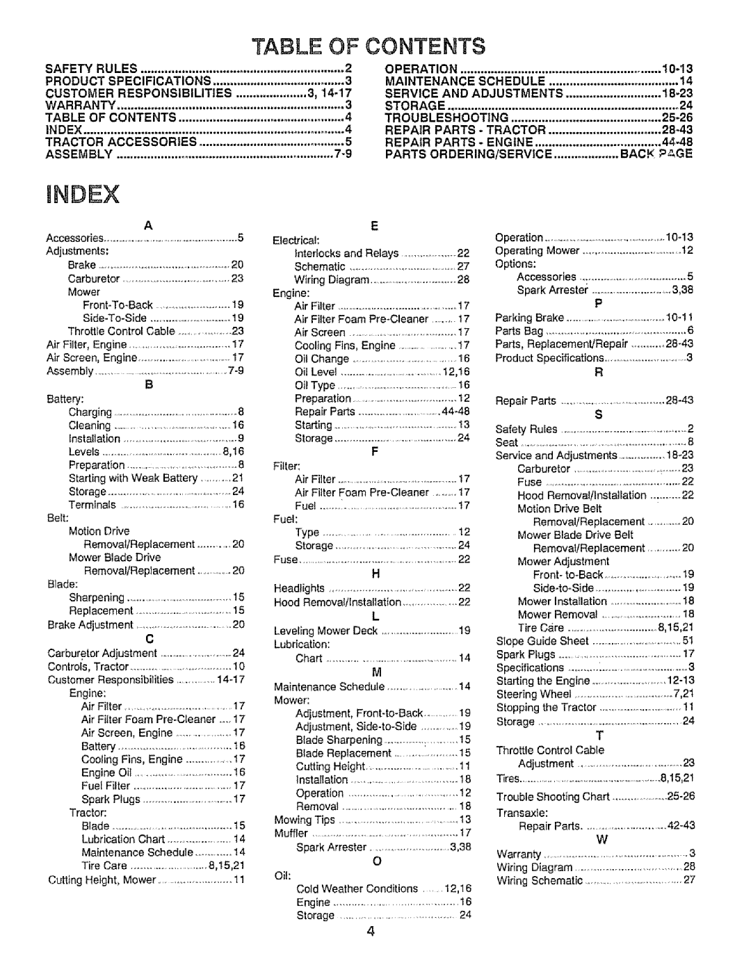 Craftsman 917.255561 Index, Table Of Contents, Safety Rules, Operation, 10-t3, Product Specifications, Service, 18-23 