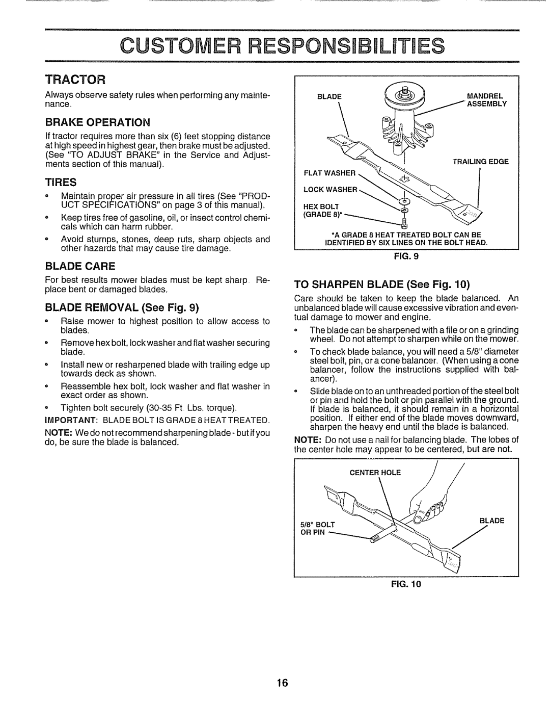 Craftsman 917.25651 owner manual Tractor, Brake Operation, Tires, Blade Care, Blade Removal See Fig 