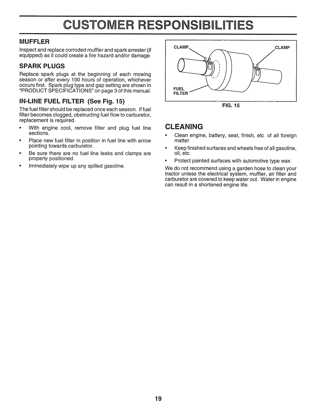 Craftsman 917.25651 owner manual Espo, Cleaning, Muffler, Spark Plugs, IN-LINE Fuel Filter See Fig 