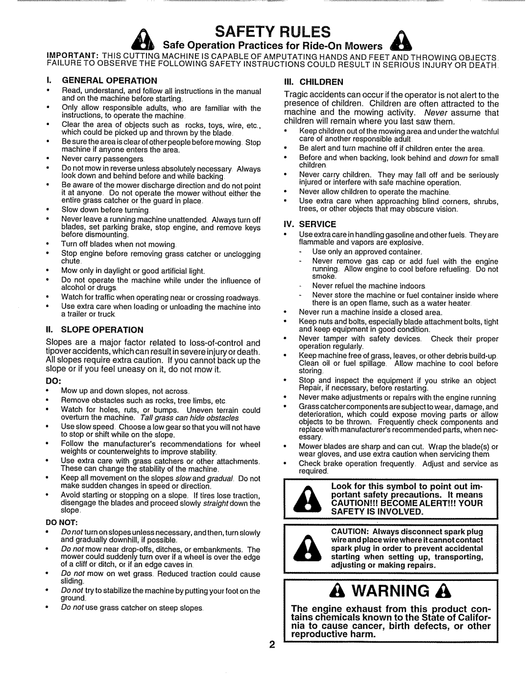 Craftsman 917.25651 Safe Operation Practices for Ride-On Mowers, Engine Exhaust from this product con, Reproductive Harm 