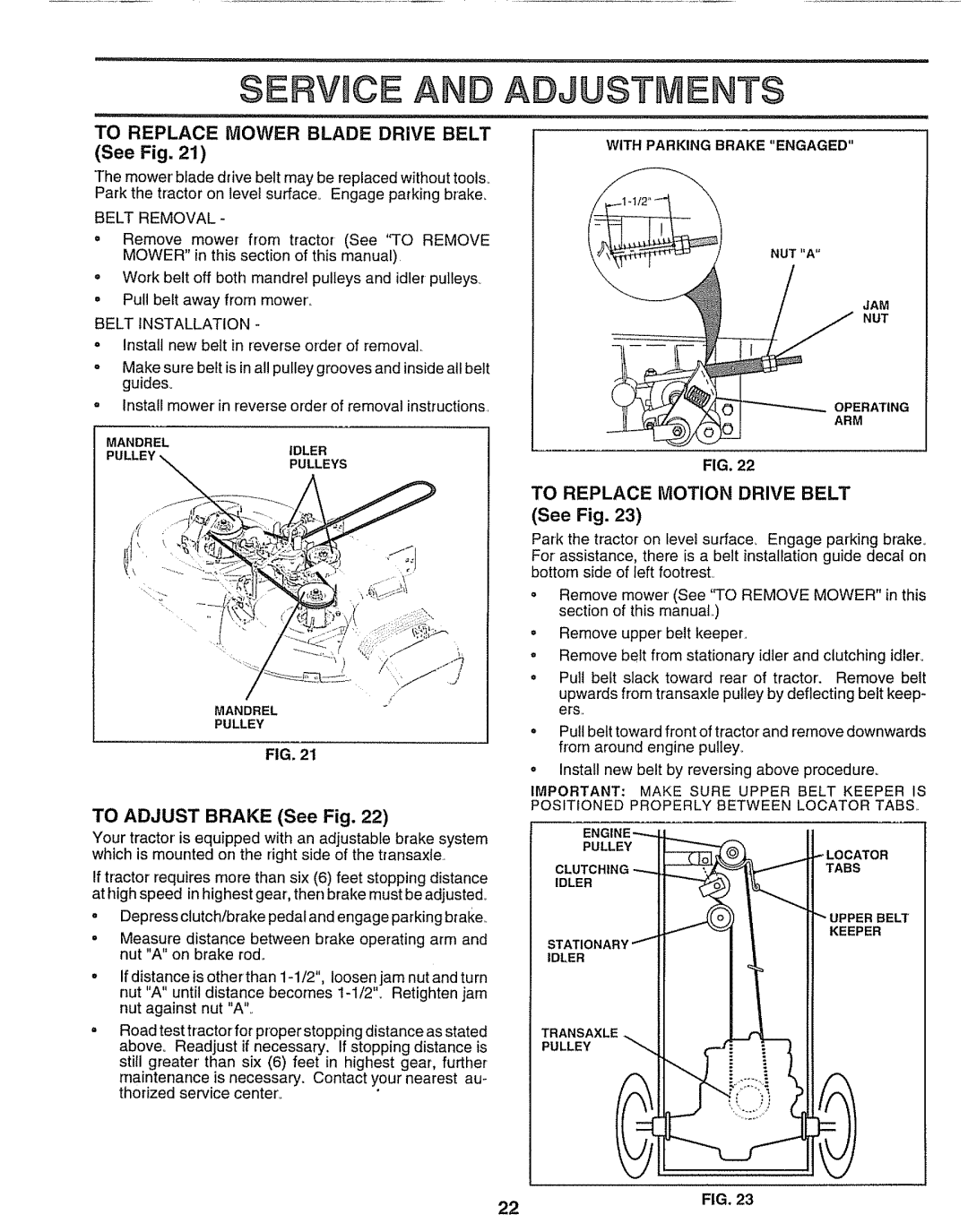 Craftsman 917.25651 owner manual Servmcea Adjustments, To Replace Mower Blade Drive Belt See Fig, To Adjust Brake See Fig 