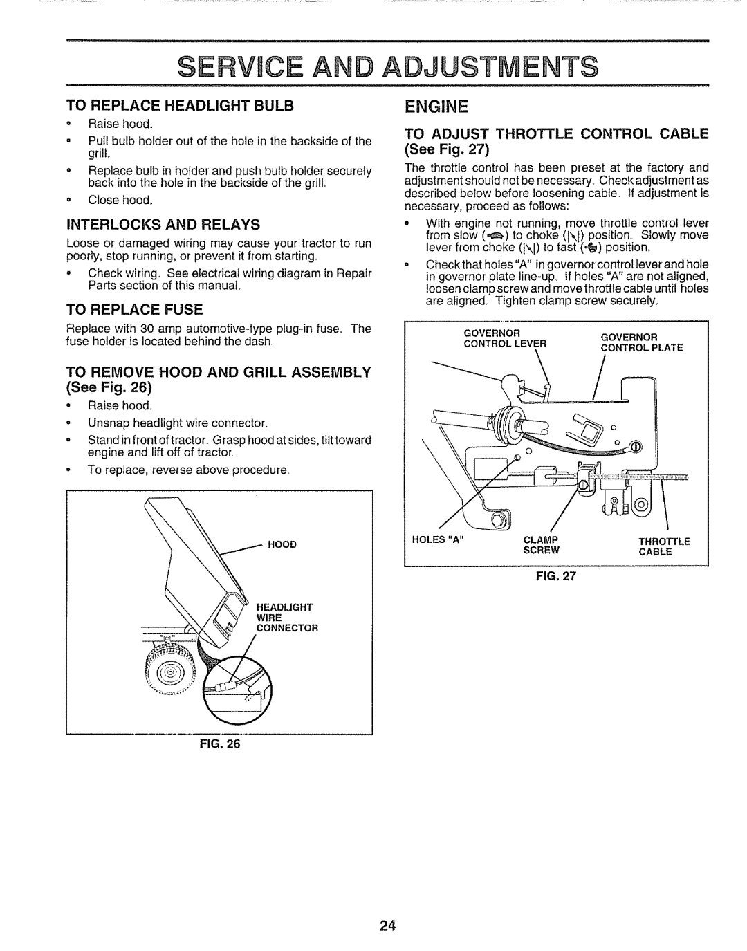 Craftsman 917.25651 owner manual Ervice a Adjustments, Engine, To Replace Headlight Bulb, To Adjust Throttle Control Cable 